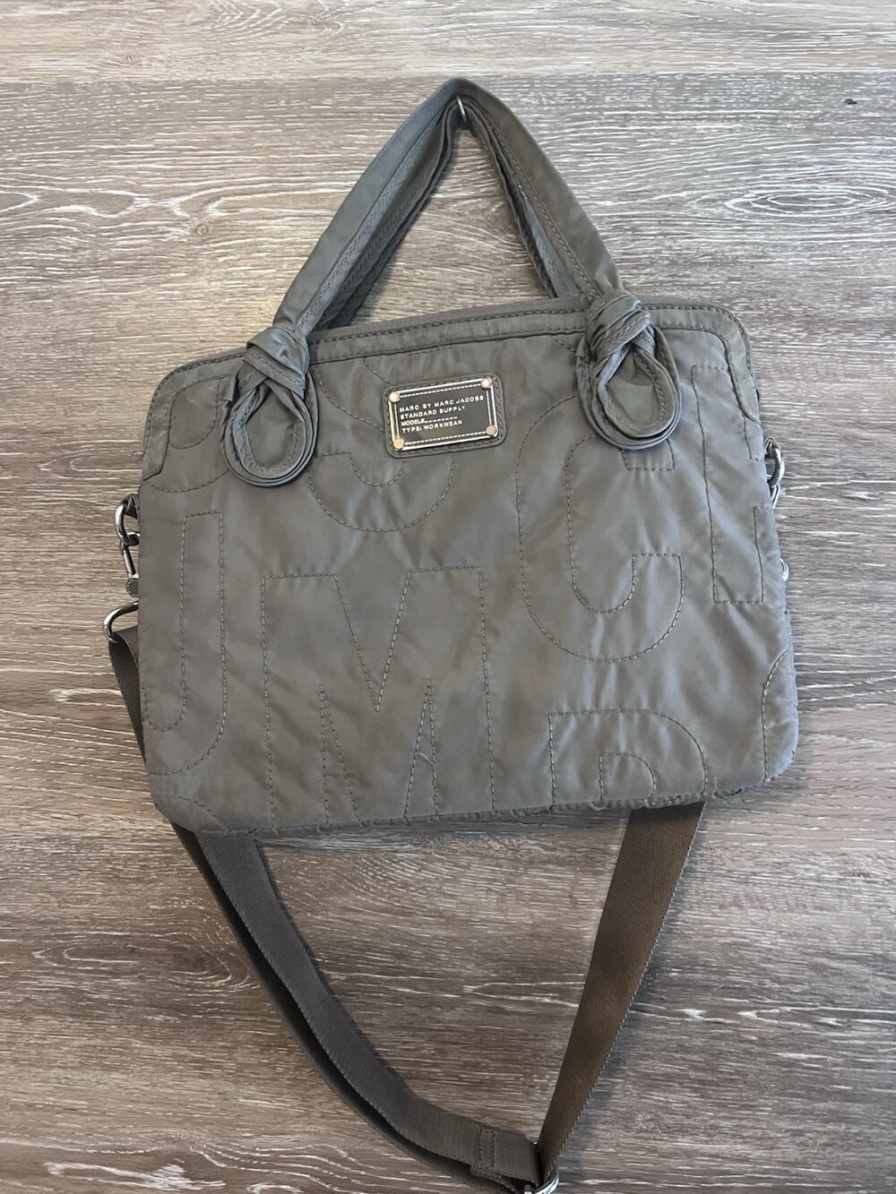 Marc Jacobs Gray Quilted Nylon Tote Bag Handbag Crossbody Gold Hardware